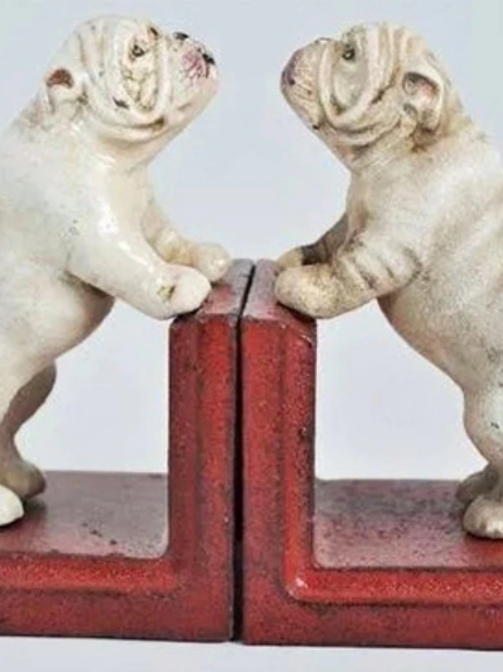 Vintage Cast Iron Bulldog Bookends in Red & White